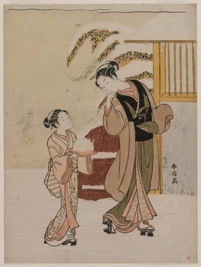 Jonge vrouw bewondert een sneeuwkonijn, eind 1760s door Suzuki Harunobu