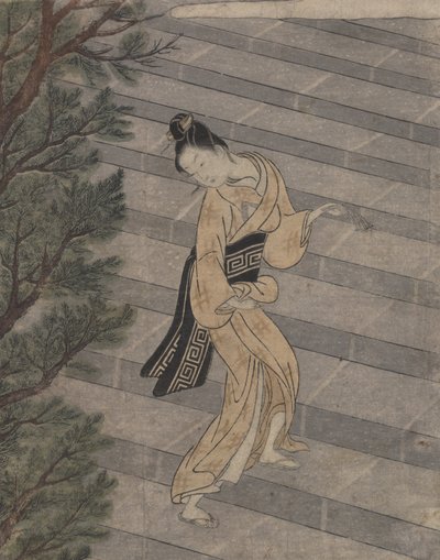 Jonge vrouw die stenen trappen beklimt naar een Shinto-tempel door Suzuki Harunobu