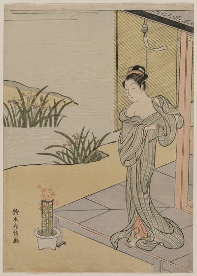 Jonge Vrouw die naar een Pot Anjers Kijkt, c. 1767 door Suzuki Harunobu