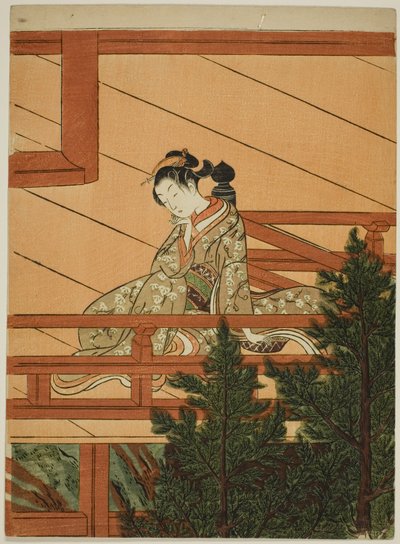 Jonge Vrouw Zittend op het Balkon van de Kiyomizu Tempel door Suzuki Harunobu