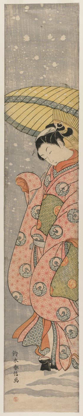 Jonge vrouw die onder een paraplu in de sneeuw staat, 1767-1768 door Suzuki Harunobu