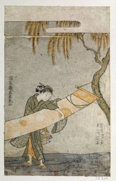 Jonge vrouw verzorgt een kakemono bevestigd aan een boom door Suzuki Harunobu