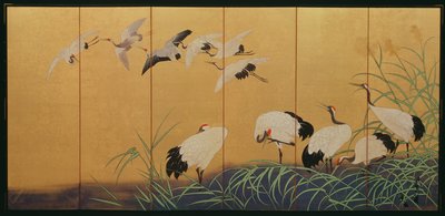 Zesvoudig scherm met riet en kraanvogels, Edo-periode, Japans (kleur op verguld zijde) door Suzuki Kiitsu