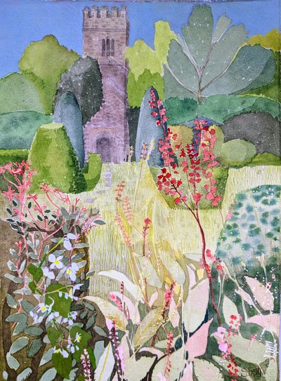 Middeleeuwse toren in een tuin, Dartington, 2022 (aquarel op papier) door Suzy Fasht