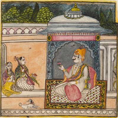 Een Raja luistert naar muziek op een terras, ca. 1800 door Svarup Ram
