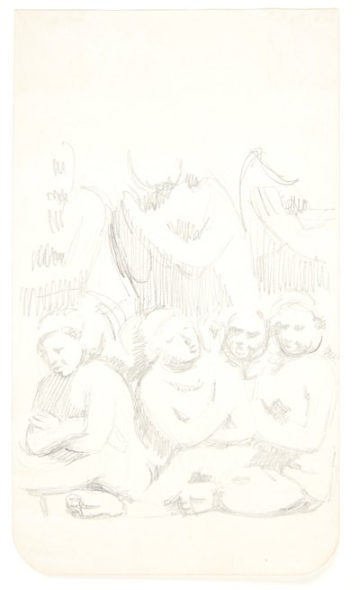 Groep met zittende figuren met gekruiste armen op de voorgrond. Studieblad naar reliëfs in Borobudur, Java. door Svend Rathsack