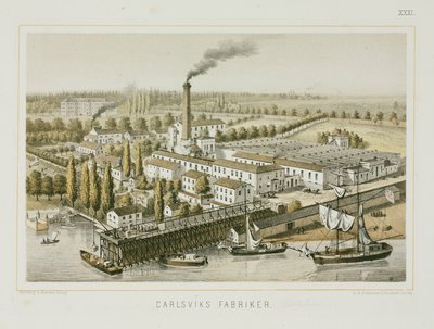 Textielfabriek, Carlsviks, Stockholm, Zweden, c.1840 (kleur litho) door Swedish School