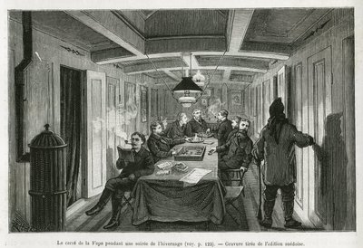 Het plein van La Vega, tijdens een winteravond, en de activiteiten van de bemanning: lezen, schaak- en backgammonspellen, evenals likeurproeverijen. Gravure uit de Zweedse editie, ter illustratie van het verhaal 
