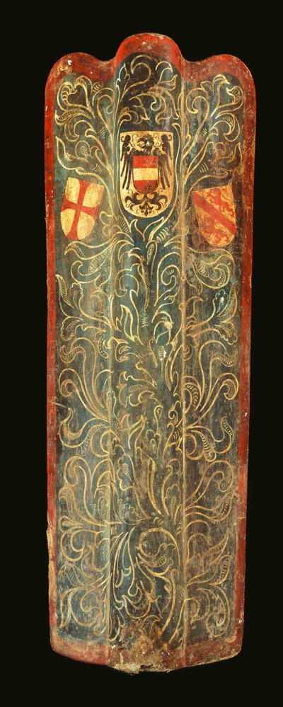 Een zeldzame Zwitserse pavise van hout bedekt met gesso beschilderd canvas van groen scrollend loofontwerp en de wapenschilden van Habsburg, de Liga van St. George en de stad Winterthur, c.1445 door Swiss School