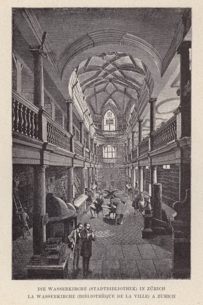 Die Wasserkirche, Stadtbibliothek, in Zürich (gravure) door Swiss School