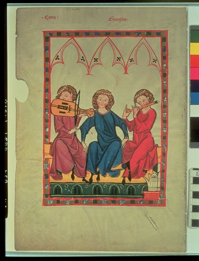 Muzikanten, uit de Manasse Codex, een verzameling hoofse liefdesliederen, c.1300-20 door Swiss School