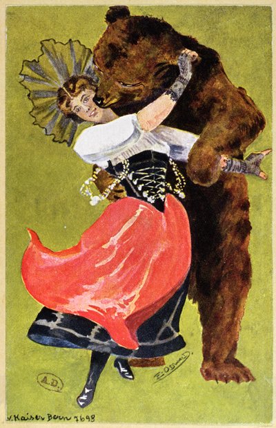 Ansichtkaart uit Bern met een vrouw en een beer, c.1900 door Swiss School