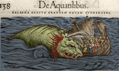 Zee monster valt een schip aan, illustratie uit 