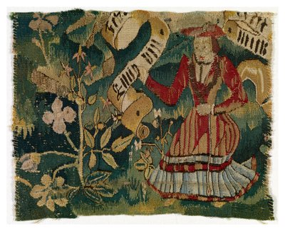 Wandtapijtfragment met boom en vrouw met rol door Swiss School