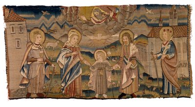 Wandtapijtpaneel dat St. Barbara, de Maagd Maria, de Heilige Drie-eenheid, St. Jozef en St. Catharina of Incarnatie met Heiligen Barbara en Catharina uitbeeldt door Swiss School
