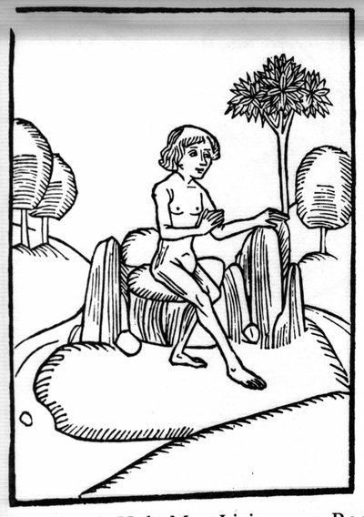 De legende van Sint Brendan (Brandan), held en Ierse heilige van de 6e eeuw. Ontmoeting met een heilige kluizenaar die op een rots in de open zee leeft. Gravure van Die Wunderbare Meerfahrt des Hl. Brandan. Bale door Swiss School