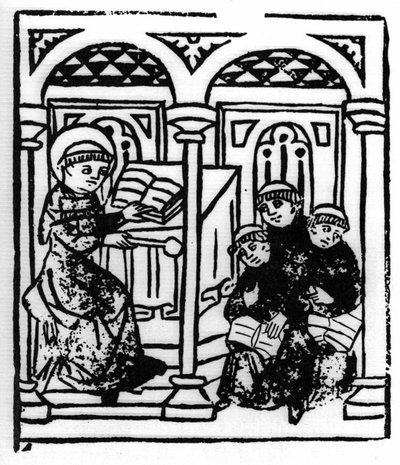 De legende van Sint Brendan (Brandan), held en Ierse heilige van de 6e eeuw. De heilige vertelt de wonderen van de zee aan zijn medebroeders van het klooster. Gravure van "Die Wunderbare Meerfahrt des Hl. Brandan." Bale door Swiss School