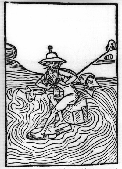 De legende van Sint Brendan, held en Ierse heilige van de 6e eeuw: De ontmoeting met Judas die lijdt onder vele kwellingen. Gravure van 