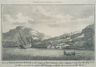 Kapitein Cook, na schipbreuk tijdens zijn reis rond de wereld, laat de Endeavour repareren in een haven op een van de Hope-eilanden, ca. 1786 (gravure) door Sydney (after) Parkinson