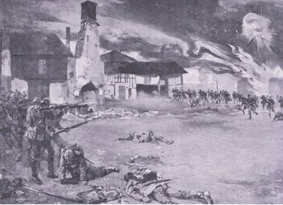 Straatgevechten aan de Frans-Duitse grens: Een Franse aanval op de Pruisische garde, uit History of the Great War Vol 3 uitgegeven door Waverley Book Co Limited, ca. 1920 door Sydney Adamson