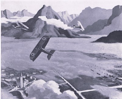 Britse verkenners verlaten hun vliegveld voor patrouille boven het Asiago Plateau, Italië, uit British Adventure gepubliceerd door Collins, 1947 door Sydney Carline