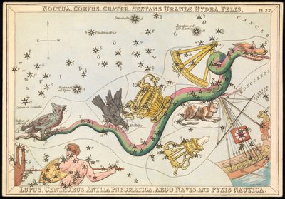 Noctua, Corvus, Crater, Sextans Uraniae, Hydra, Felis, Lupus, Centaurus, Antilia Pnuematica, Argo Navis en Pysix Nautica, ca. 1825 door Sydney Hall