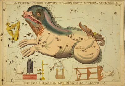 Psalterium Georgii, Fluvius Eridanus, Cetus, Officina Sculptoris, Fornax Chemica, en Machina Electrica, Illustratie uit 