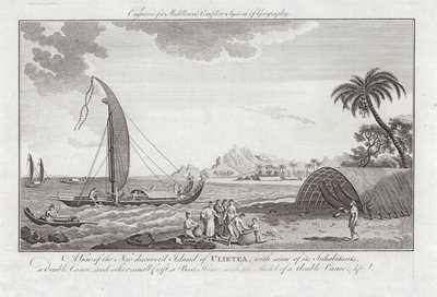 Een Uitzicht op het Nieuw Ontdekte Eiland Ulieta met enkele inwoners door Sydney Parkinson