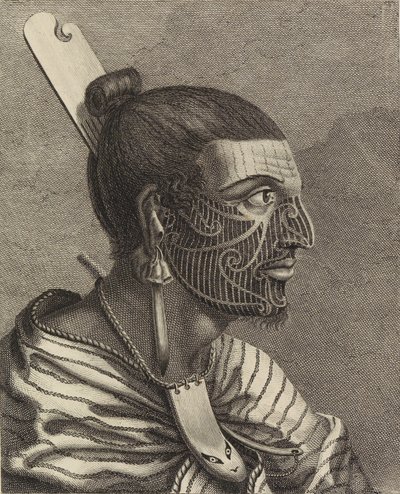 Hoofd van een Nieuw-Zeelander, met een kam in zijn haar door Sydney Parkinson