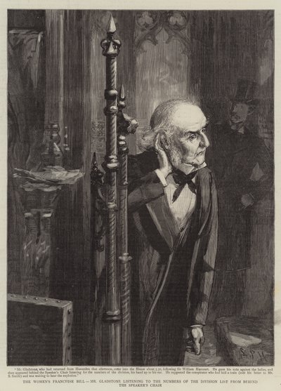 Het Vrouwenkiesrechtwetsvoorstel, Mr. Gladstone luistert naar de nummers van de stemlijst achter de stoel van de voorzitter door Sydney Prior (after) Hall