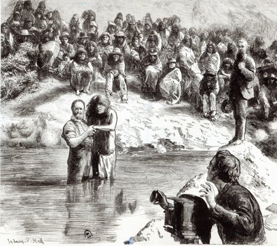Een doop van Noord-Amerikaanse Indianen - Mormonen die zich voordoen als apostelen van Christus, 1892 door Sydney Prior Hall