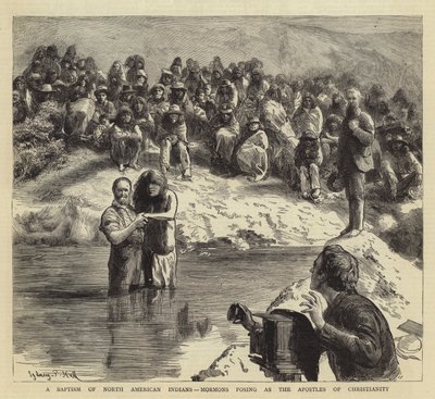 Een doop van Noord-Amerikaanse Indianen, Mormonen die zich voordoen als de apostelen van het christendom door Sydney Prior Hall