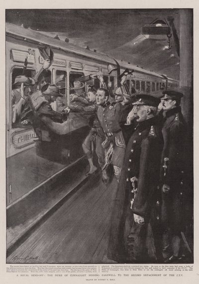 Een koninklijk afscheid, de hertog van Connaught neemt afscheid van het tweede detachement van de CIV door Sydney Prior Hall