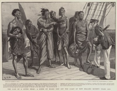 Een verkoop van een levend hoofd, een scène aan boord van een schip voor de kust van Nieuw-Zeeland zeventig jaar geleden door Sydney Prior Hall