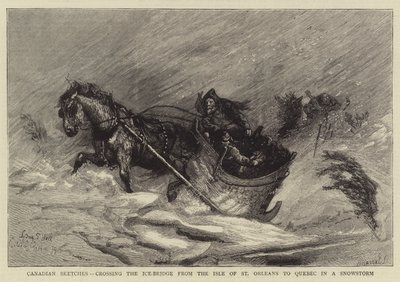 Canadese schetsen, oversteken van de ijsbrug van het eiland St. Orleans naar Quebec in een sneeuwstorm door Sydney Prior Hall