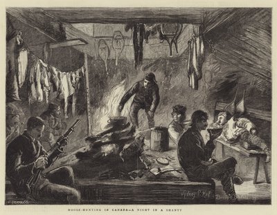 Elanden jagen in Canada, een nacht in een hut door Sydney Prior Hall