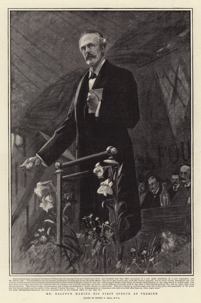 De heer Balfour houdt zijn eerste toespraak als premier door Sydney Prior Hall