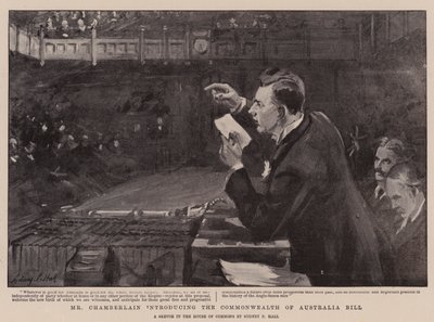 Mr Chamberlain introduceert de Commonwealth of Australia Bill door Sydney Prior Hall