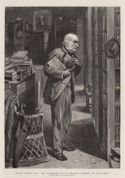Vrede na arbeid, Mr Gladstone in de bibliotheek van St Deiniol in Hawarden door Sydney Prior Hall
