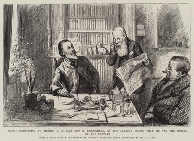 Pigott bekent aan Messers G A Sala en H Labouchere, in het huis van de laatste, dat hij de vervalser van de brieven was door Sydney Prior Hall