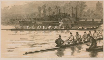 Herinneringen aan een Oxford en Cambridge bootrace: Bij de start - Peeling door Sydney Prior Hall
