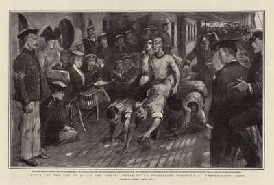 Sporten voor de mannen aan boord van de Ophir, hun koninklijke hoogheden kijken naar een kruiwagenrace door Sydney Prior Hall