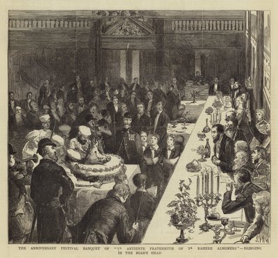 Het jubileumfestivalbanket van Ye Antiente Fraternitie van Ye Rahere Almoners, het binnenbrengen van het zwijnshoofd door Sydney Prior Hall