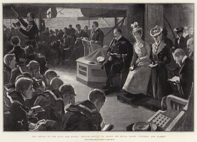 De cruise van de koning en koningin, kerkdienst aan boord van het koninklijk jacht Victoria en Albert door Sydney Prior Hall
