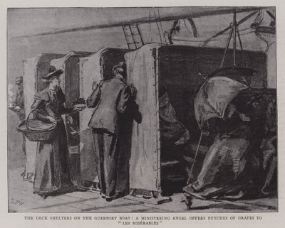 De Dekschuilplaatsen op de Guernsey-boot, een Verzorgende Engel biedt Trossen Druiven aan Les Miserables door Sydney Prior Hall