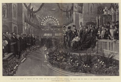 De Hertog en Hertogin van Cornwall en York openen het Eerste Parlement van Verenigd Australië, de Troonrede in het Tentoonstellingsgebouw, Melbourne door Sydney Prior Hall