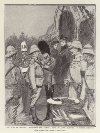 De Hertog van Cornwall presenteert het Victoria Cross aan Luitenant Maxwell in Pietermaritzburg door Sydney Prior Hall