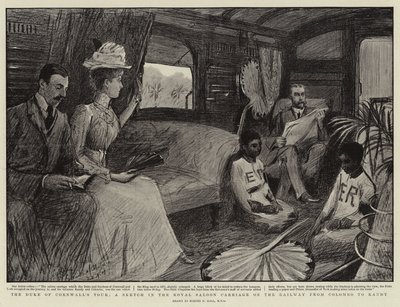 De tour van de hertog van Cornwall, een schets in de koninklijke salonwagen op de spoorweg van Colombo naar Kandy door Sydney Prior Hall