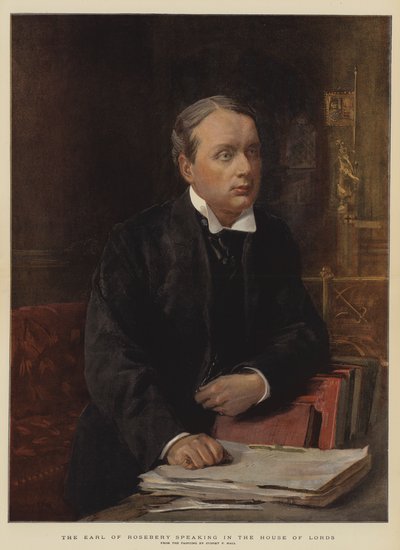 De Graaf van Rosebery spreekt in het Hogerhuis (chromolitho) door Sydney Prior Hall