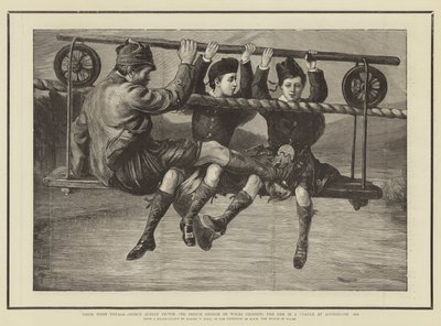 De Eerste Reis, Prins Albert Victor en Prins George van Wales steken de Dee over in een Wieg bij Abergeldie, 1876 door Sydney Prior Hall